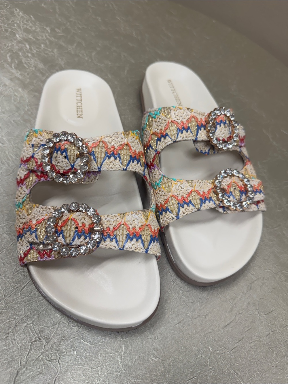 White Multicolor Embellished Slide Sandals